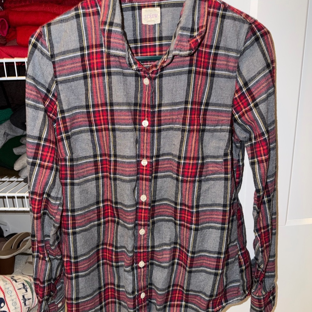 J. Crew Factory Grey and Red Plaid Button-Up Shirt